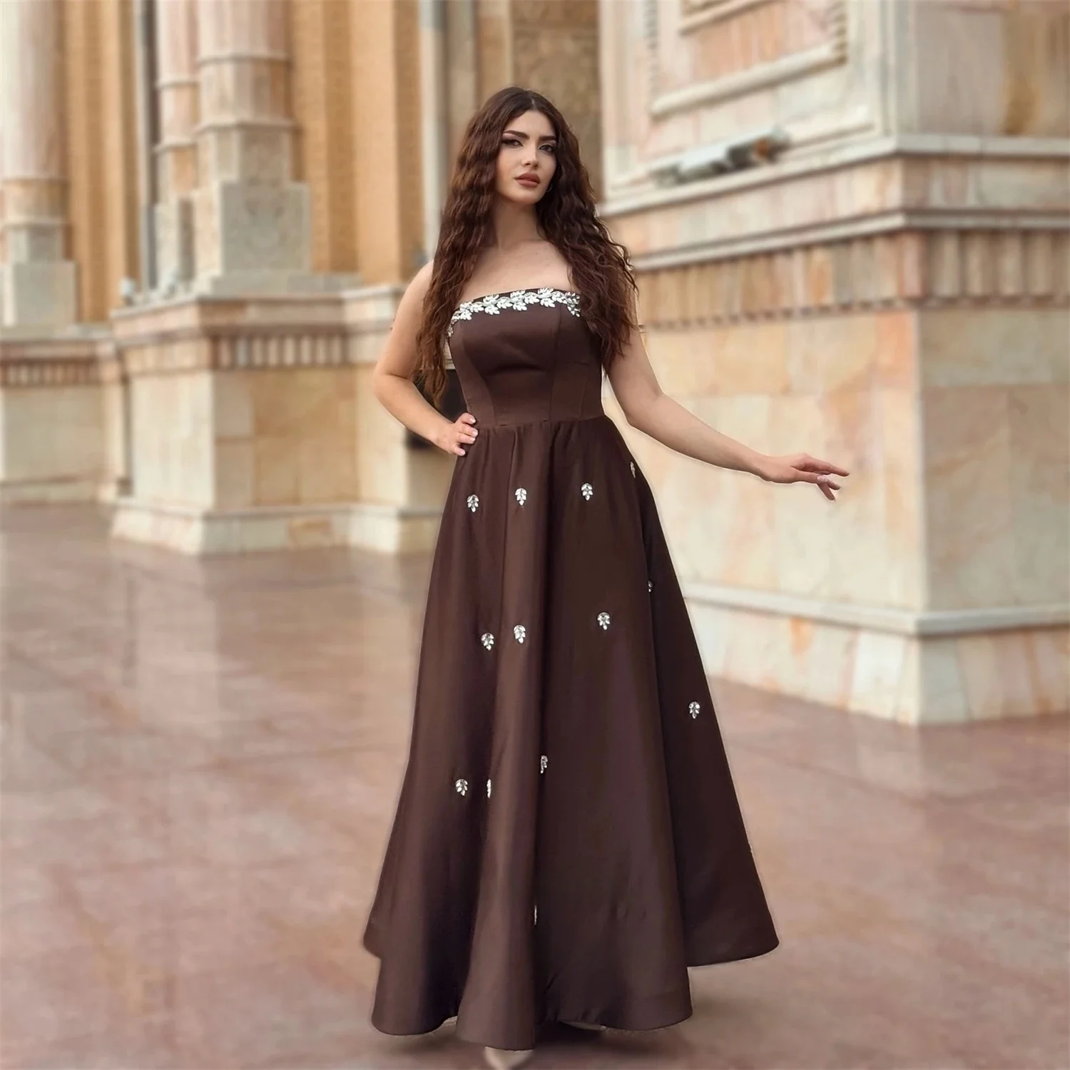 

Brown Strapless Beaded Long Bespoke Occasion Gown Evening Dresses Prom Pastrol Unisex Jersey Retro Dubai Saudi Arabic Customized