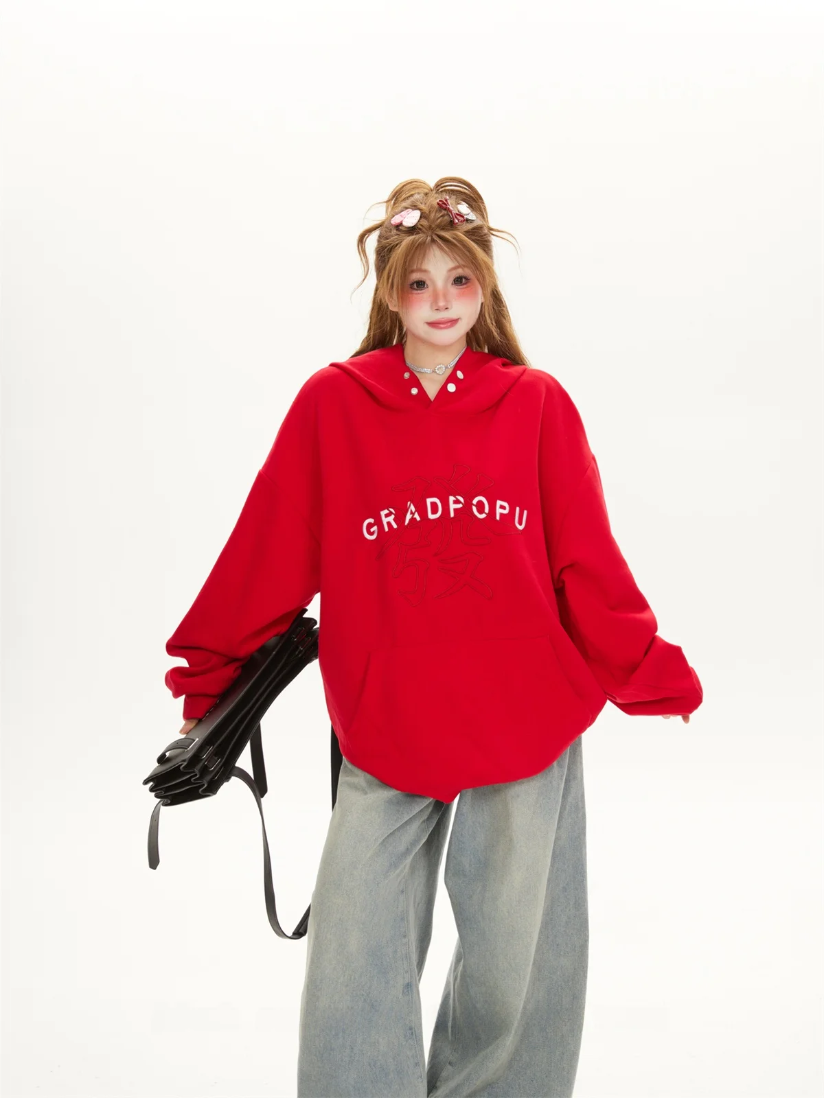 Red Embroidered Hoodie Sweatshirt Women's Spring Autumn Thickened Lucky Year Couple's Top Loose Fit Comfortable Chinese Style