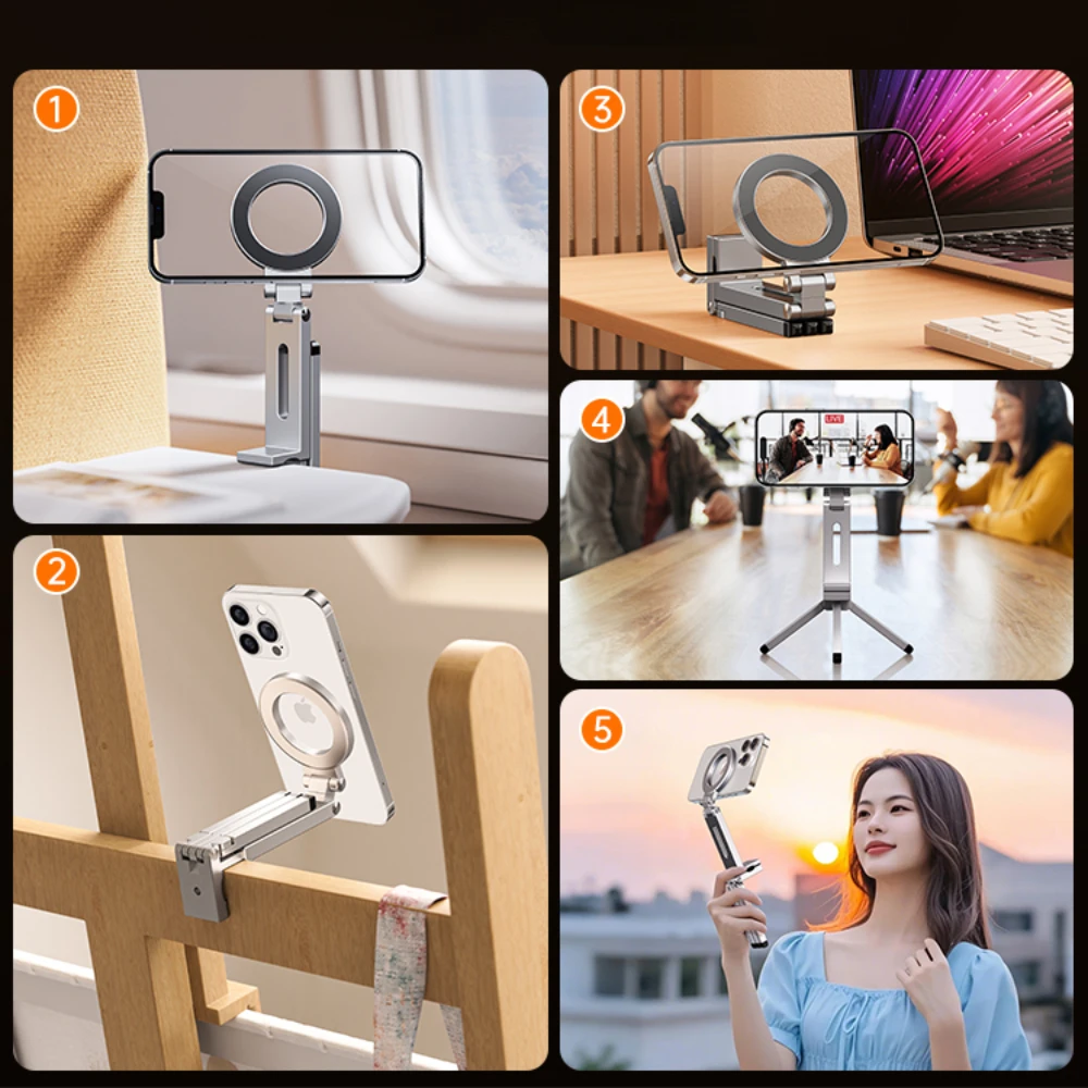 Foldable Travel/Airplane Phone Tripod Stand - 360° Magnetic Rotating Holder for IPhone & Android, Portable Desk/Car Mount