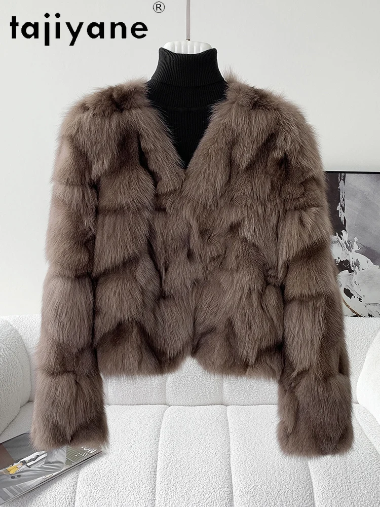 TAJIYANE 100%天然フォックスファーコート レディースファッション Vネック ショートリアルファー ジャケット 冬服 レディース ファー ジャケット 2025 ファー