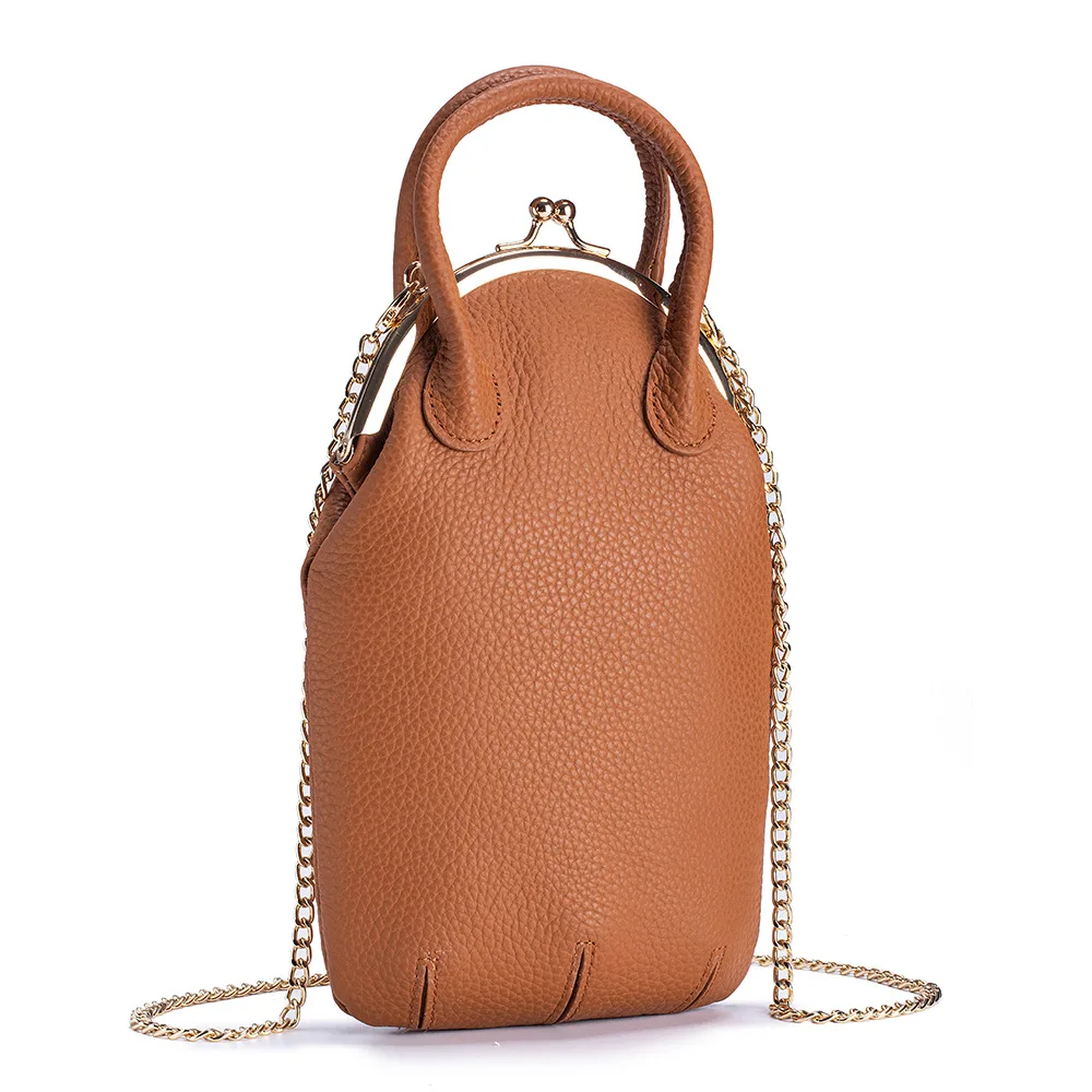Multifunctional Women Genuine Leather Clutch Bag Mini Cowhide Phone Purse with Gold Chain Strap and Top Handle for Daily Use