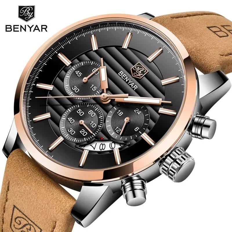 New BENYAR 5104 New 2025 Top Fashion Quartz Watch Men's Multi Functional Waterproof Advanced Leather Calendar Chronograph Watch