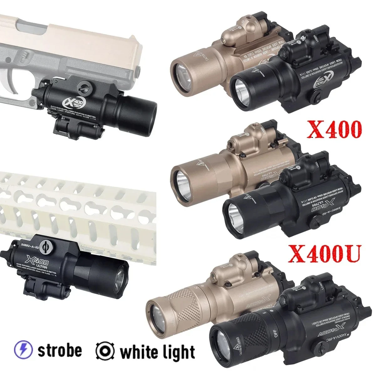 Tactical Surefire X300 X400 Ultra LED Flashlight Scout Light Lamp X400V X400U with Red Green Laser for GLOCK 17 19 20mm Rail