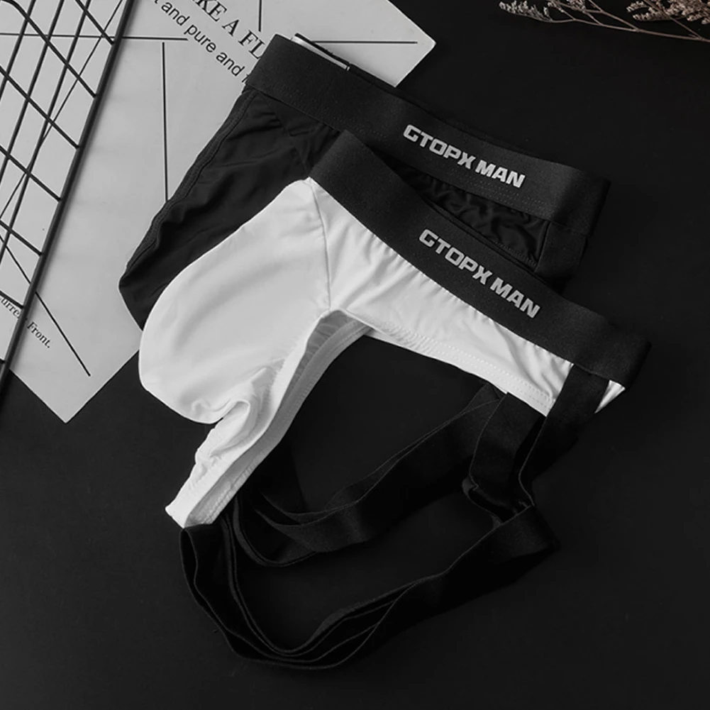 Men\'s Ice Silk Erotic Jockstrap Panties Gay Sexy Leg Strap Hip Lift Bulge Pouch T Back Thong Elastic Thin Quick Dry Fun G String