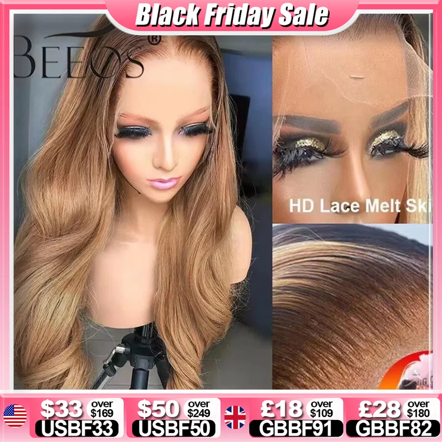 Ombre Biondo Miele 13x6 HD Parrucca Frontale Del Merletto Dell'onda Del Corpo HD Trasparente Anteriore Del Merletto Parrucche Dei Capelli Umani Per Le Donne Pre pizzicate Brasiliane