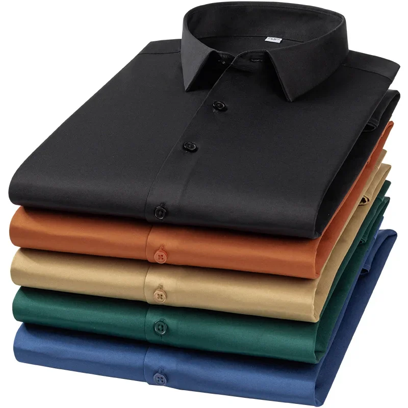 summer wrinkle free thin short sleeve shirts for men without pocket elastic solid color shirt slim fit formal office clothes