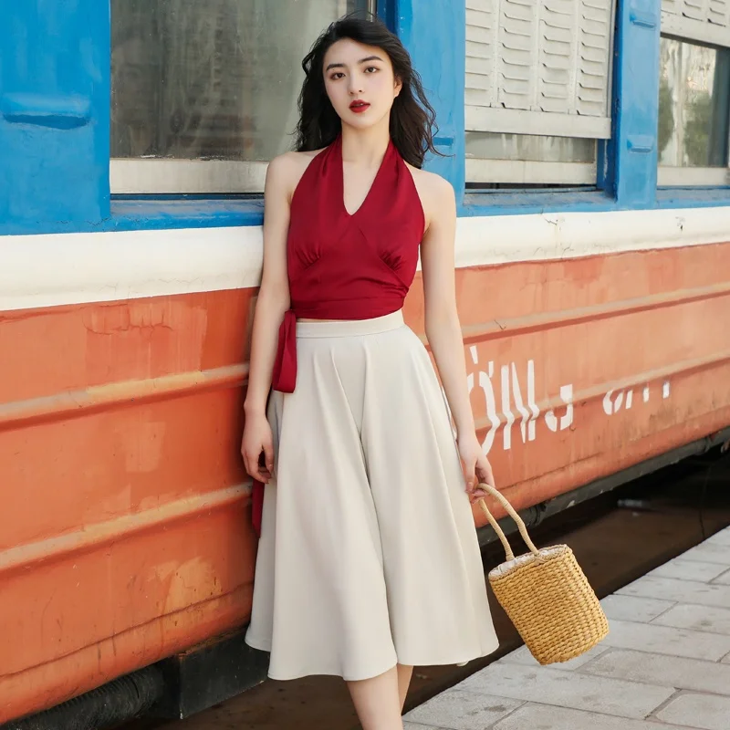 

Hebe Style Vintage Red Top Skirt Set Women's Summer Fashion Two-Piece Suit Umbrella Skirt Neck Hanging Design Slim Fit Shirt