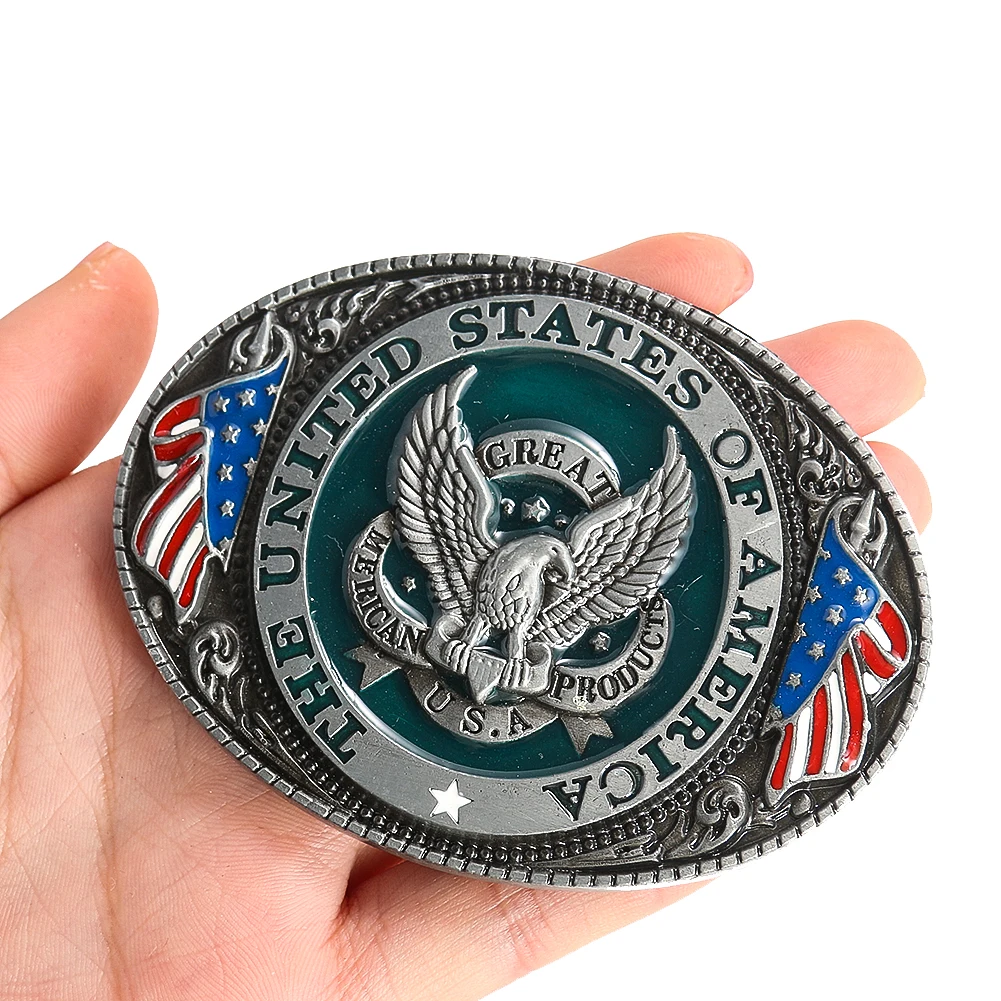 العلم الأمريكي مشبك الخماسي المشارب USA أصلع النسر Lanneret البيضاوي حزام معدني مشبك قبعات رعاة البقر الغربية للرجال الجينز اكسسوارات