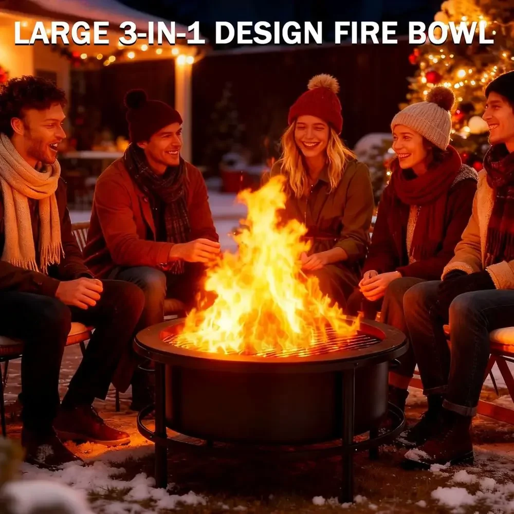 Large Outdoor Fire Pit with Rotating Table, BBQ Grill, and Waterproof Cover