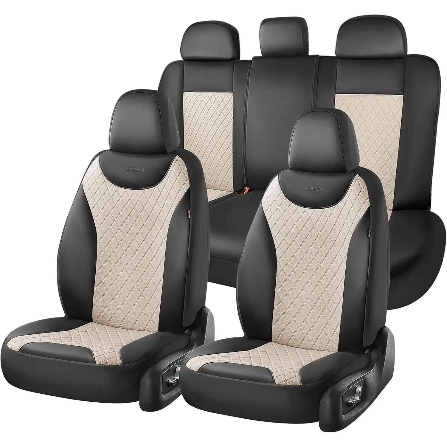 

Universal 5-Pack Car Seat Covers, Leather & Fabric Splicing, Waterproof Seat Protectors for Most Vehicles, Black Beige