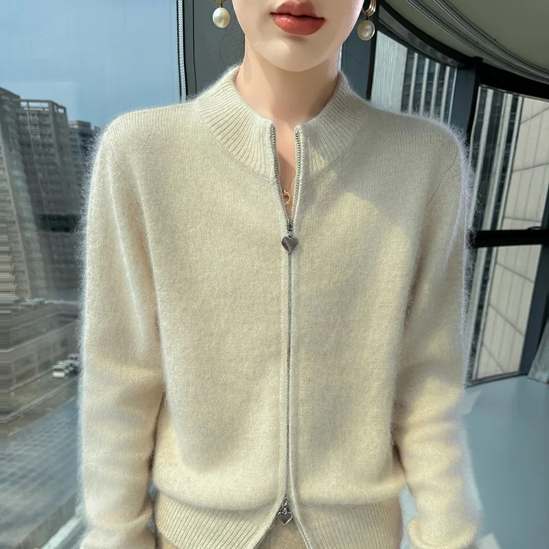 الخريف والشتاء المنك الكشمير سترة المرأة سستة أعلى الصوف محبوك سترة معطف