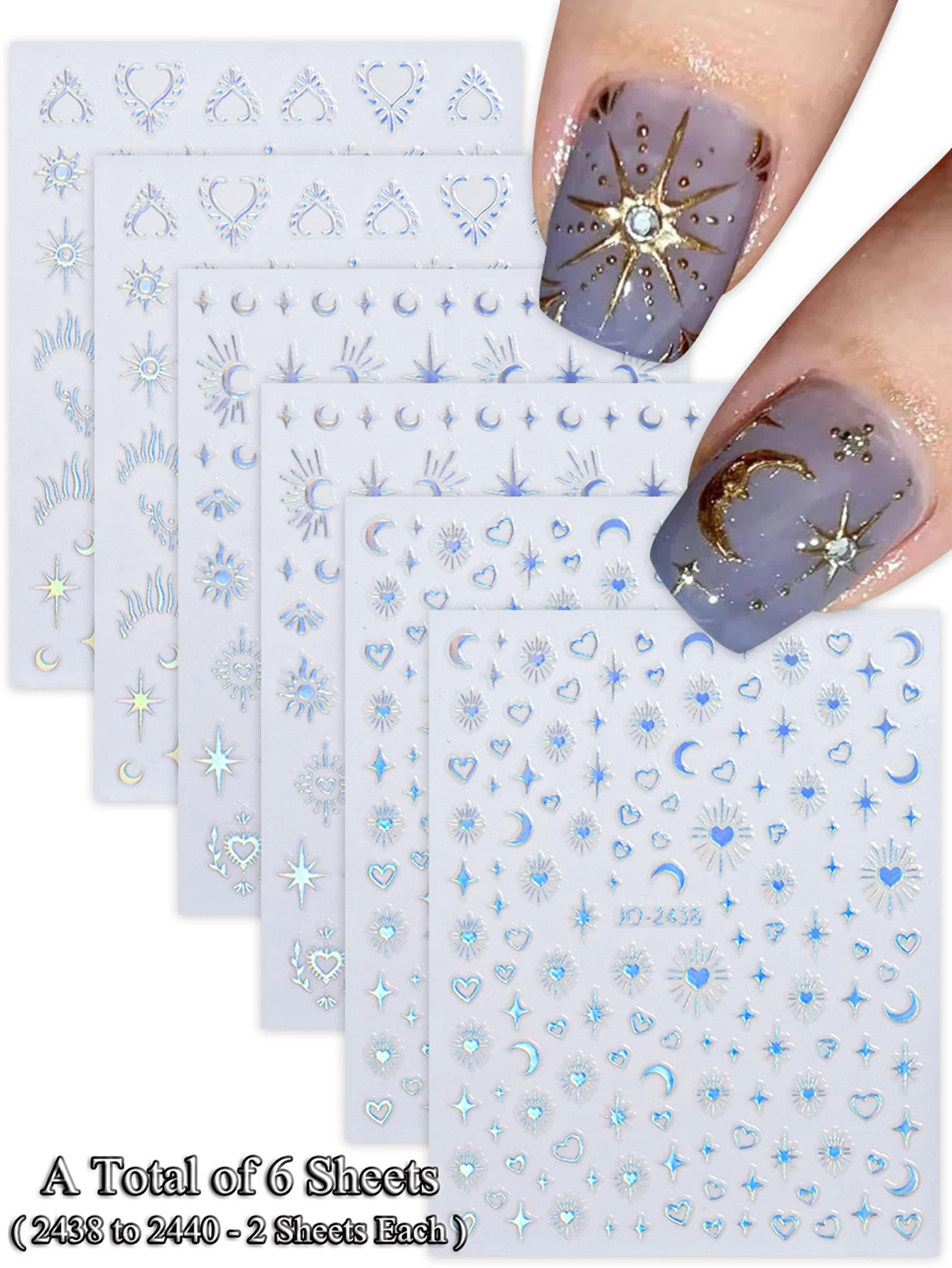 6/12/24 Vellen Gouden & Zilveren Ster, Maan & Hart Nagelstickers, Zelfklevende 3D Nageldecoratie Stickers voor DIY Manicure Decoratie