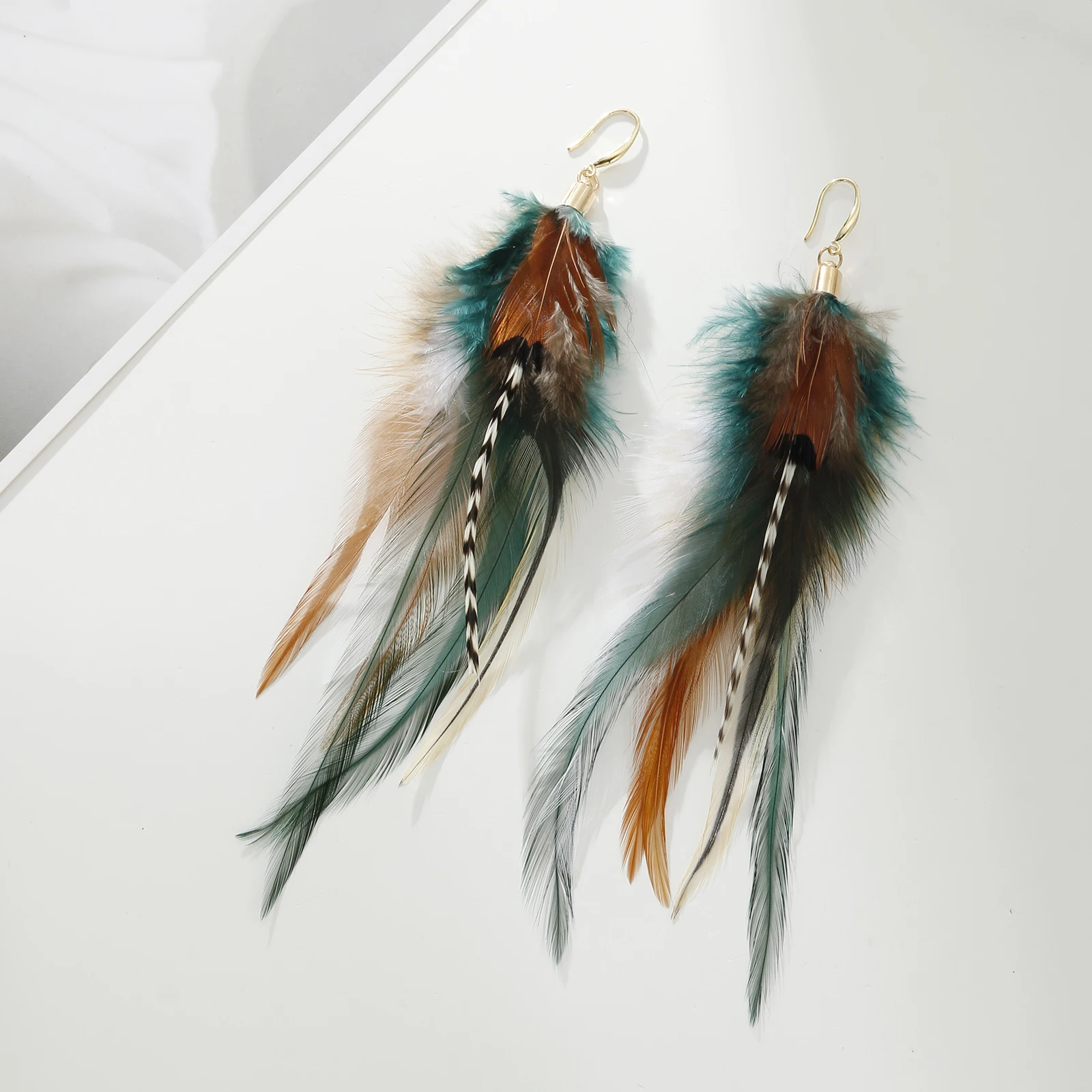 lureme Boho Multicolor Pheasant Peacock Feathers Dangle Earrings for Women Girls Big Drop Earrings(er006406-2)