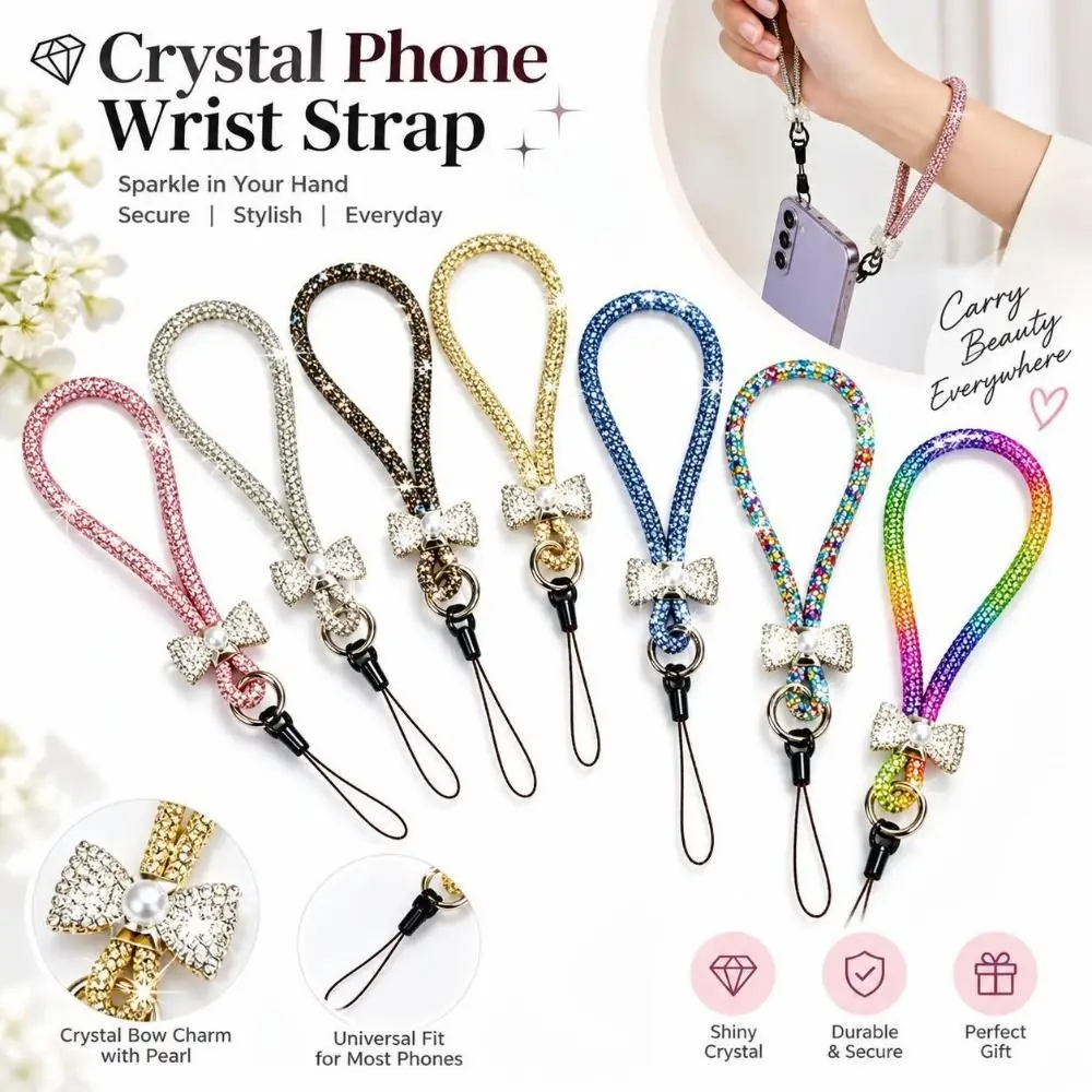 Rhinestone Crystal Phone Crystal Strap Pearl Bowknot Sparkling Finish Phone Lanyard Portable Phone Wrist Strap
