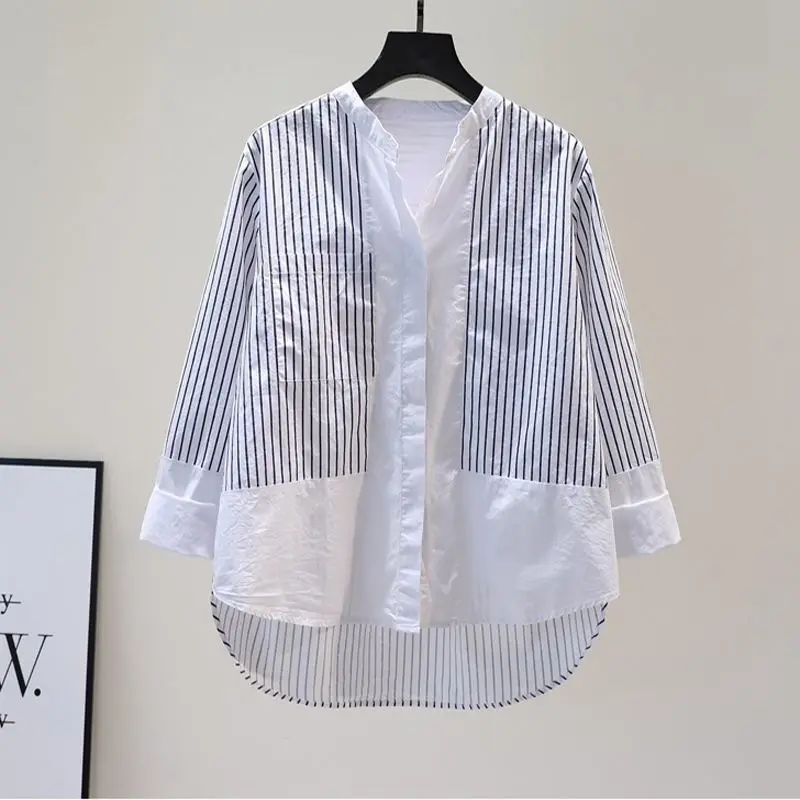 Korean Stripe Print Splicing Pockets Long Sleeve Shirt Spring Autumn All-match Stand Collar Loose Chiffon Single Breasted Blouse