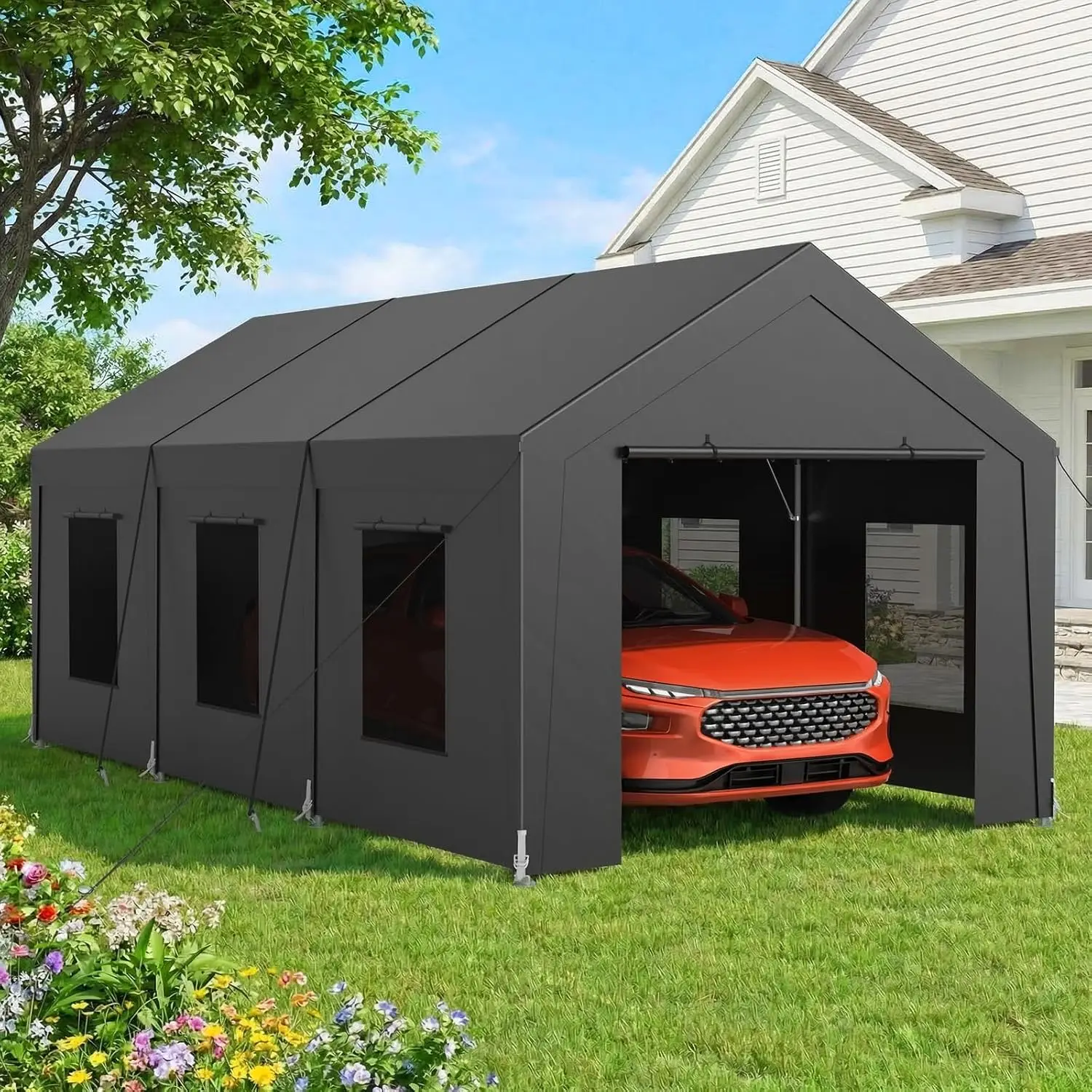 Carport Heavy Duty, Car Port with Reinforced Steel Frame and 6 Roll-up Windows, Portable Garage with Sturdy Ground Nails