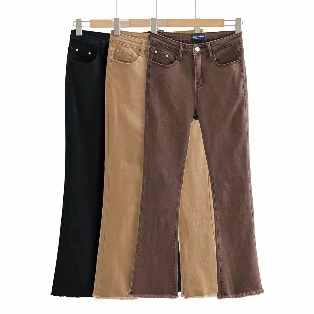Y2K Fringed Micro Flared Pants Women European American Retro Tight Fitting High Waist Slimming Casual Versatile Jeans