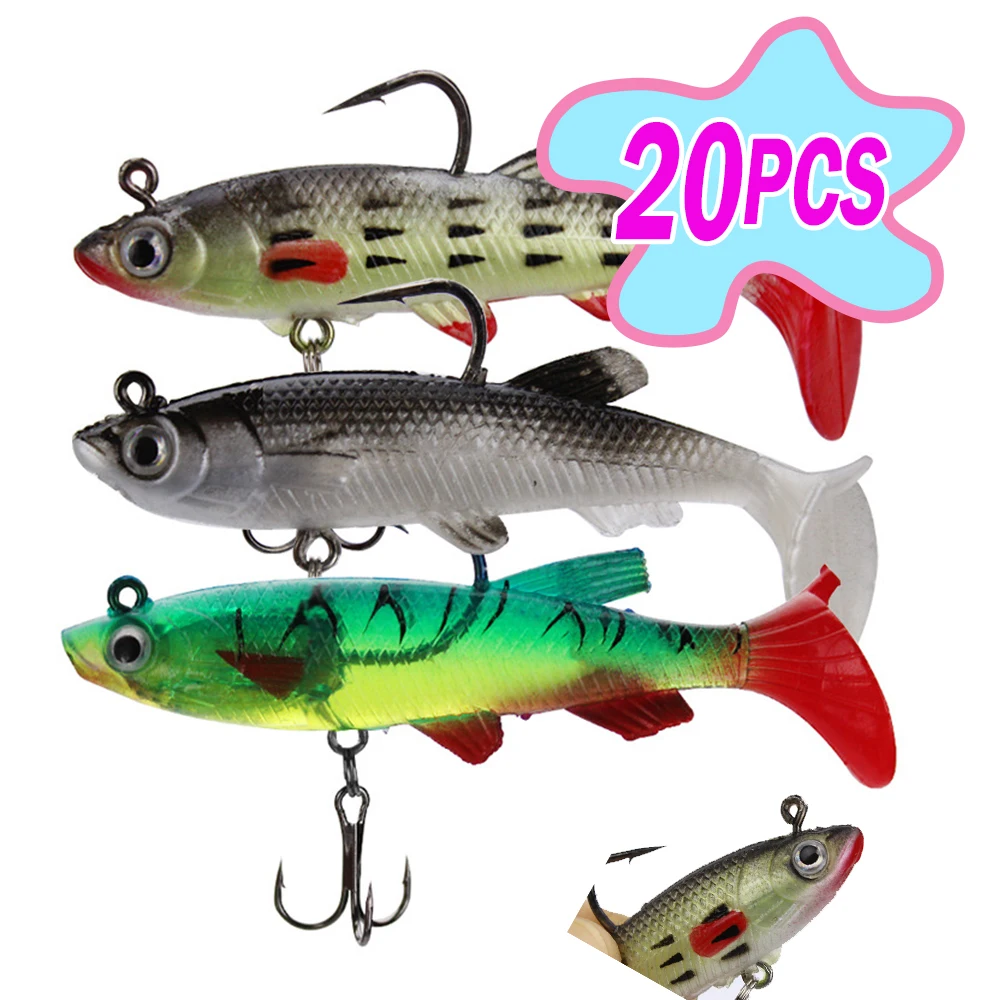 

20 шт., мягкая приманка с Т-образным хвостом, силиконовые приманки для плавания, искусственная бионика, рыбные воблеры, shad, окунь, щука, карп, рыболовная приманка, джиг-винцовая мягкая приманка