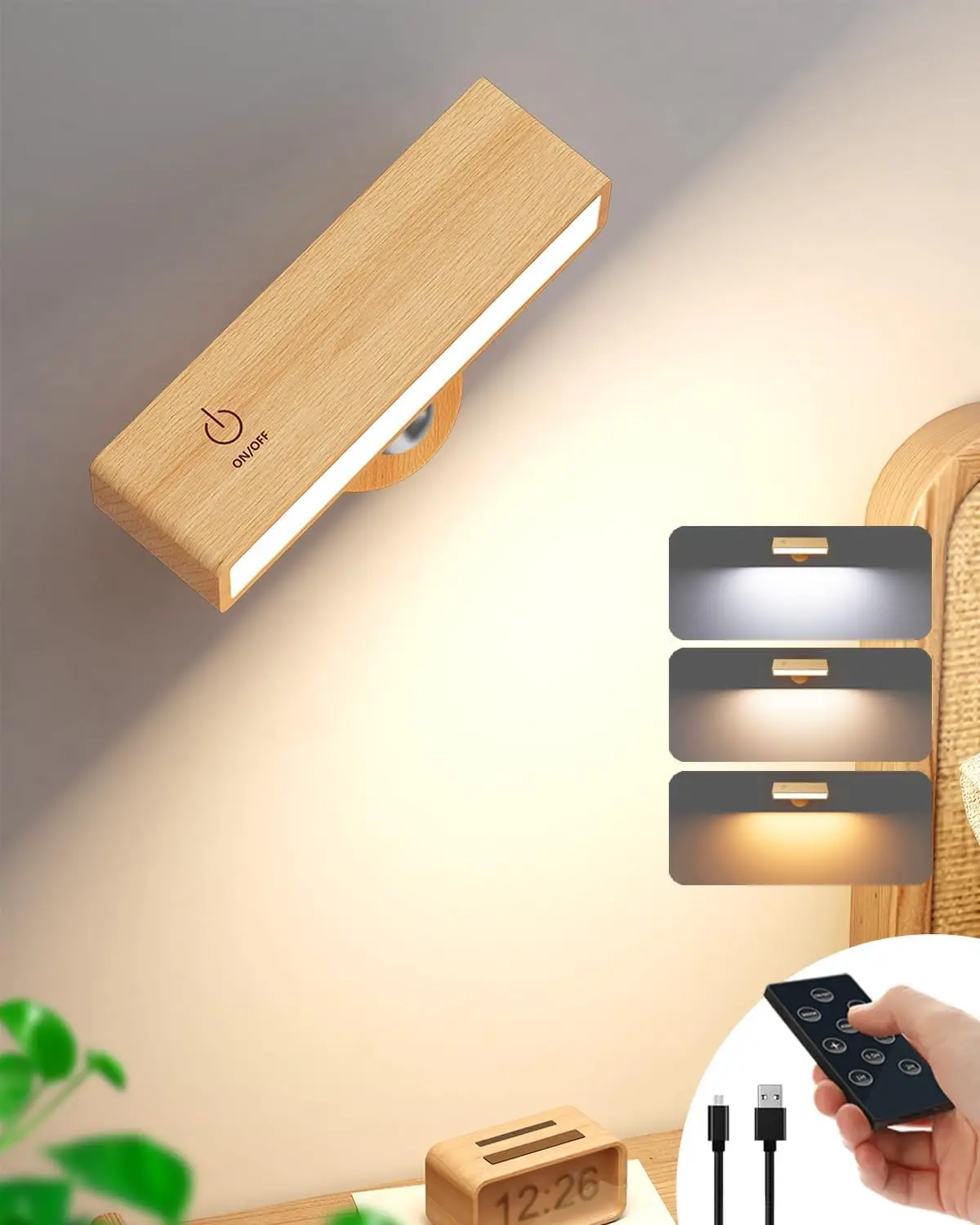 LED Wood Wall Lamp With 3 Colors Remote Control 360 Rotate Magnetic Wall Sconce Touchable For Bedroom Cordless Wall Reading Lamp