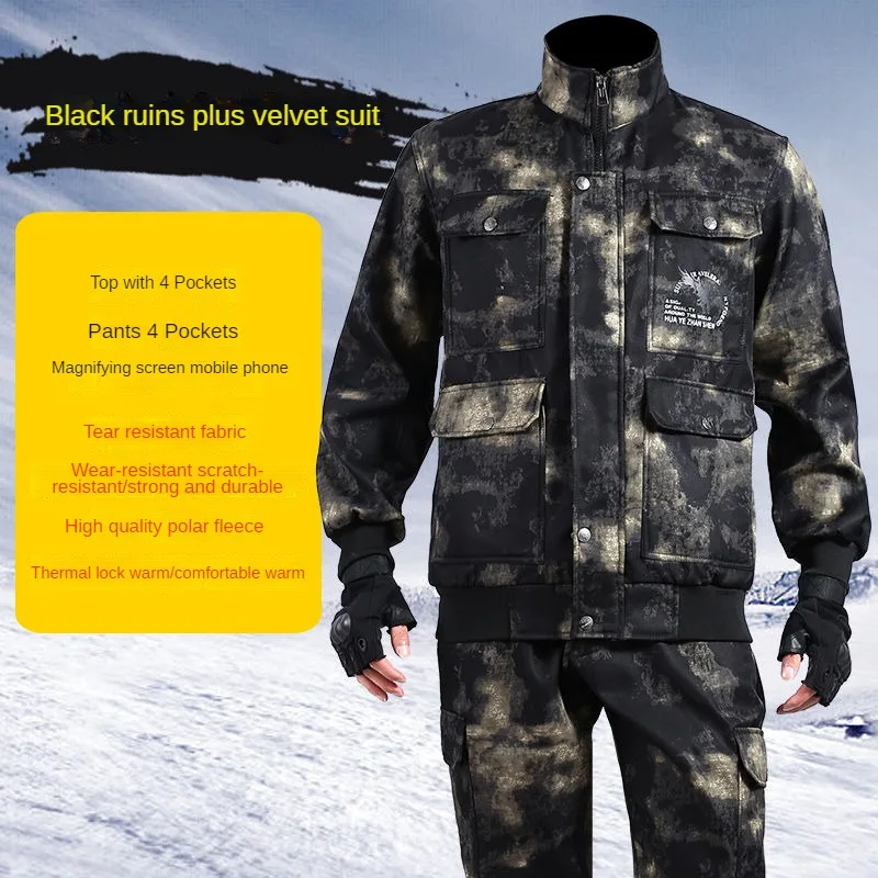 Plush Outdoor Work Clothes Men\'s Clothing Autumn Cold Proof Warm Jacket Coat Pants Two Piece Short Velvet Loose Camouflage Suit