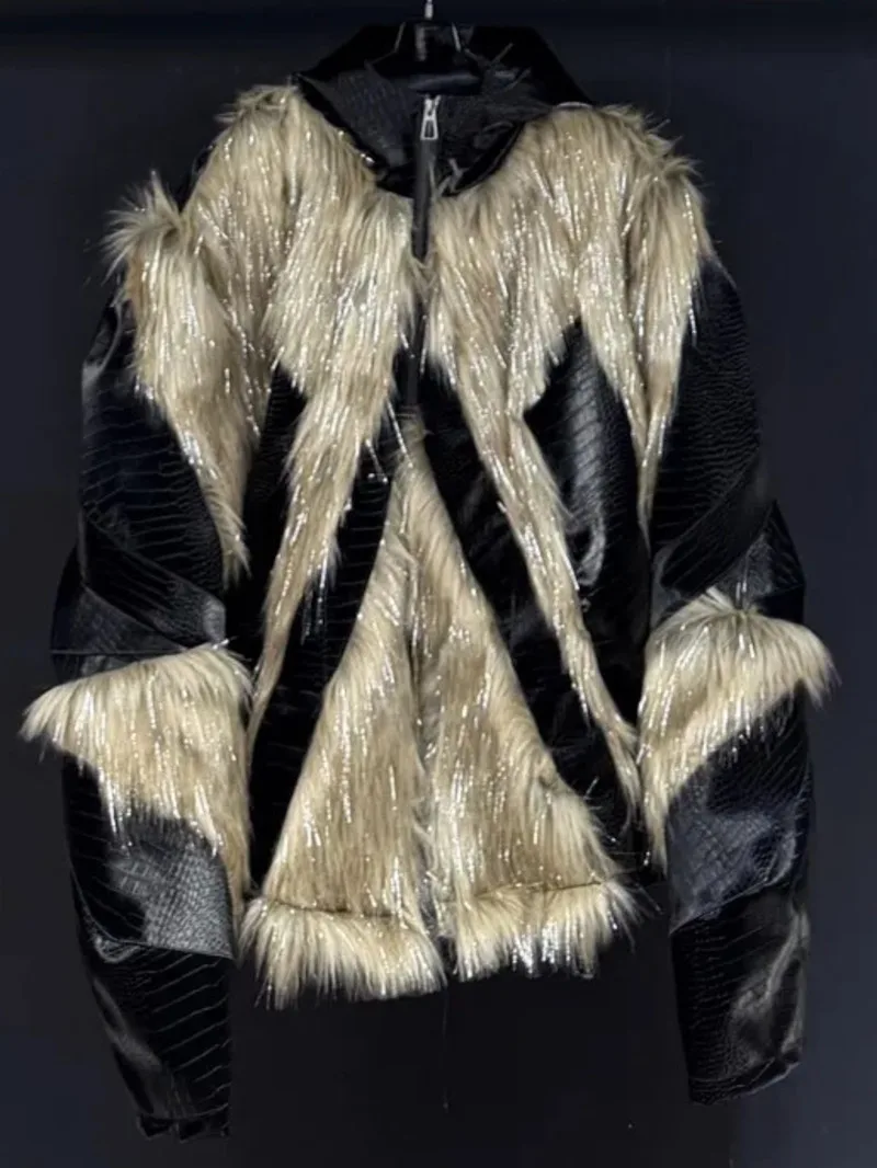 Niche Male Hooded Leather Jacket 2025 Autumn New Fur Patchwork Decoration Long Sleeve Loose High Street Men's Coats CD46