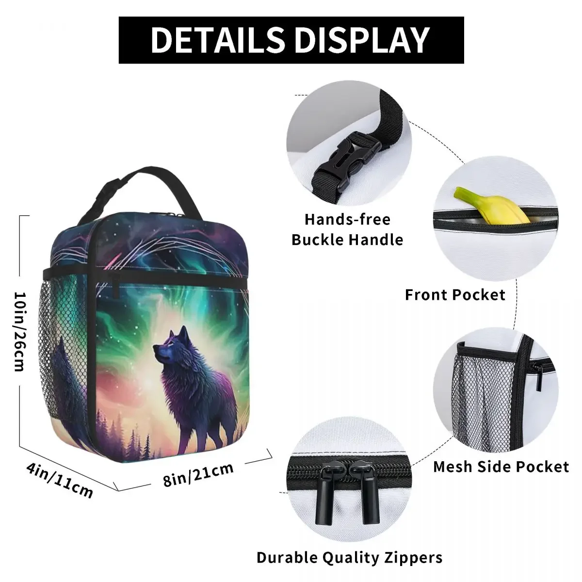 Wolf Northern Light Aurora Borealis Scenery Mountains Rivers Trees Insulated Lunch Bag Box Tote Leakproof Lunch Boxes Container