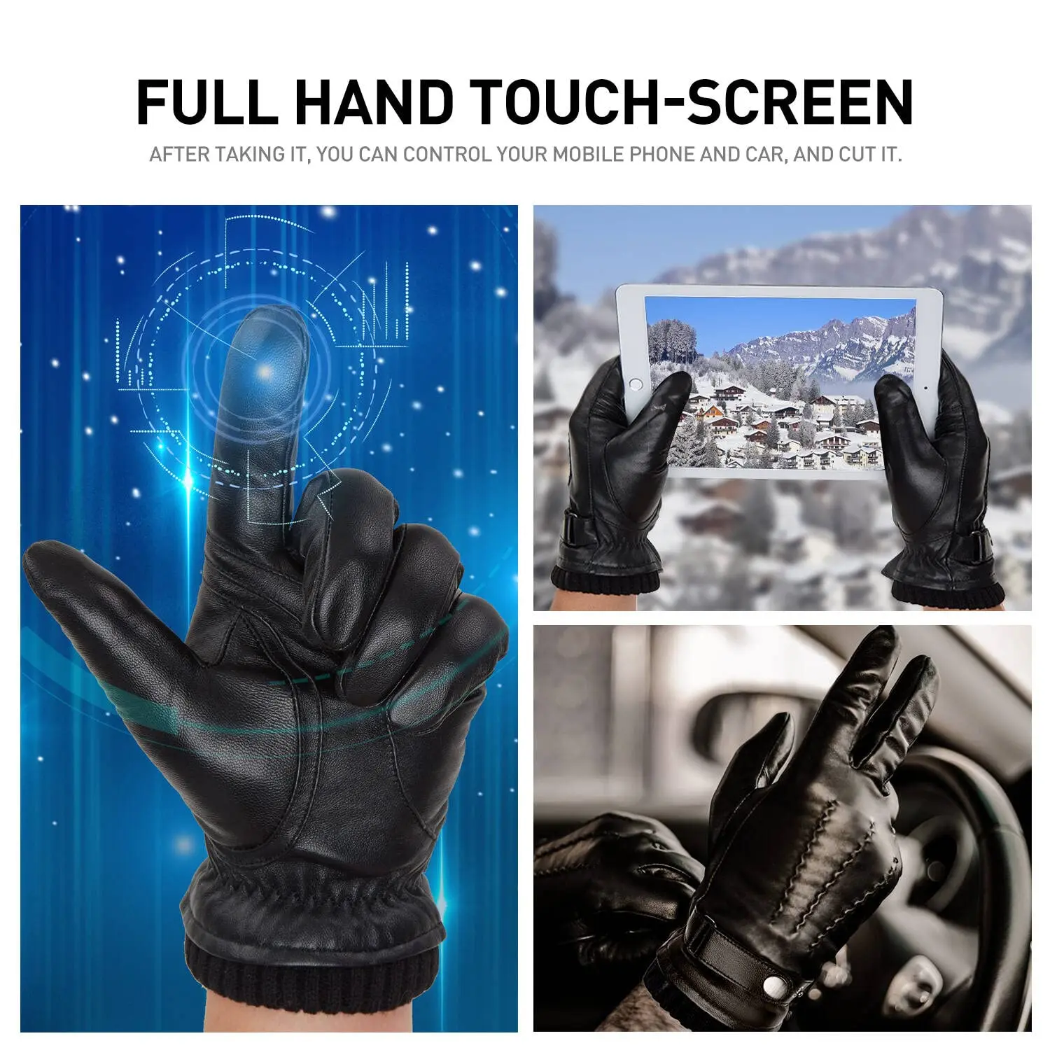 BISON DENIM Winter Sheepskin Gloves Warm Genuine Leather Gloves for Men Thermal Fleece Touch Screen Driving Riding Snow Gloves