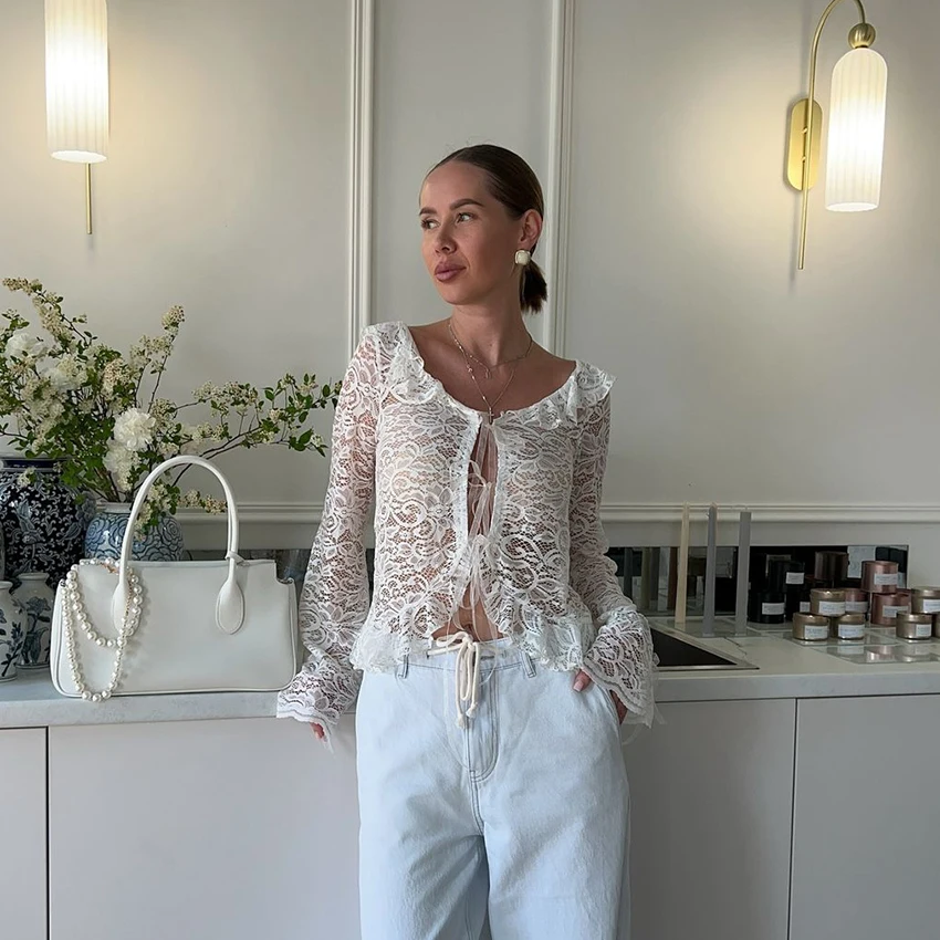 

Linad Sexy Summer Lace Long Floral Sleeve Blouse Semi-Sheer Elastic Loose Knitted White Top Ruched Flare O-Neck Shirts Thin 2025