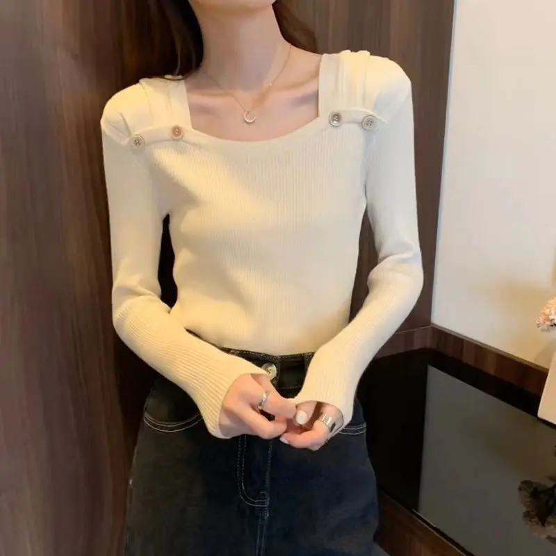 Spring Autumn Fashion One Character Collar Long Sleeve Solid Pullovers Women's Clothing French Style Sweater All-match Chic Tops