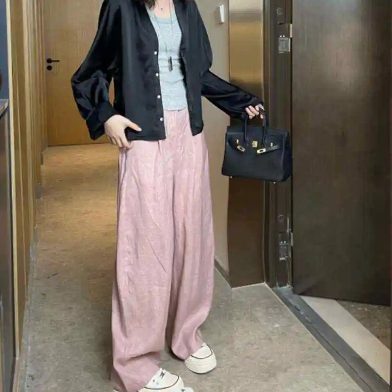Różowe lniane spodnie z szerokimi nogawkami damskie letnie codzienne rozszerzane spodnie z niskim stanem zapinane na zamek błyskawiczny mieszanka bawełny haftowane detale