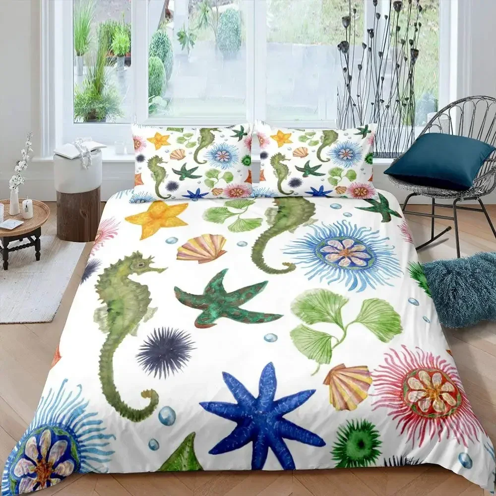 Ocean Animal Duvet Cover Set, Coral Marine Life Home Textile Sea Urchin Soft Quilt Cover, Cute Seahorse King Size Bedding