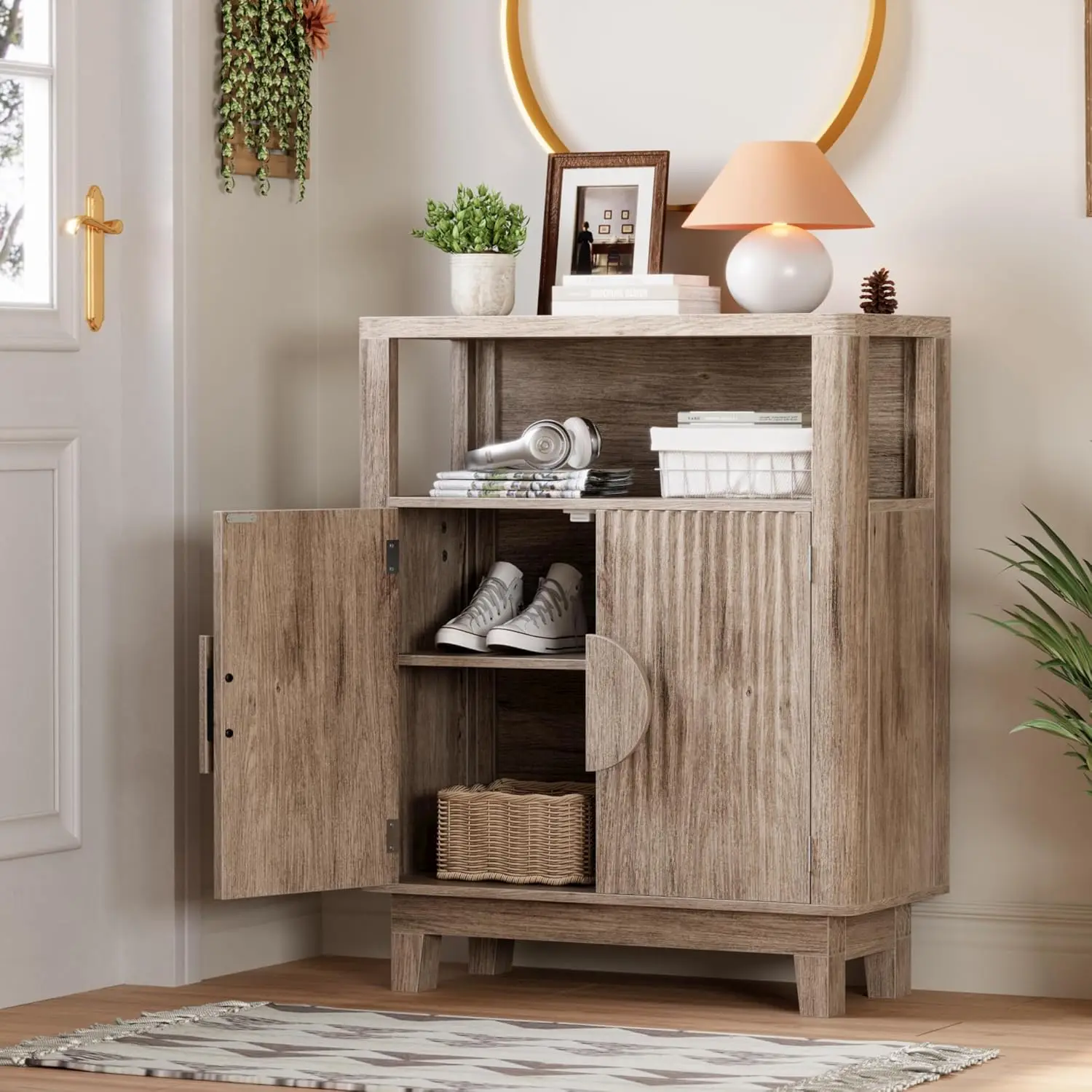 Farmhouse Cabinet with Adjustable Shelf & Doors, Small Fluted Coffee Bar with Open Compartment, Round Handle Sideboard