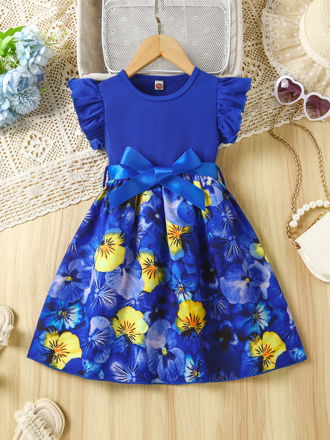 Summer Fashion Dresses for 2-7Years Child Girl Ruffle Sleeves Floral Dress with Bow Party Photography Costumes Princess Dress
