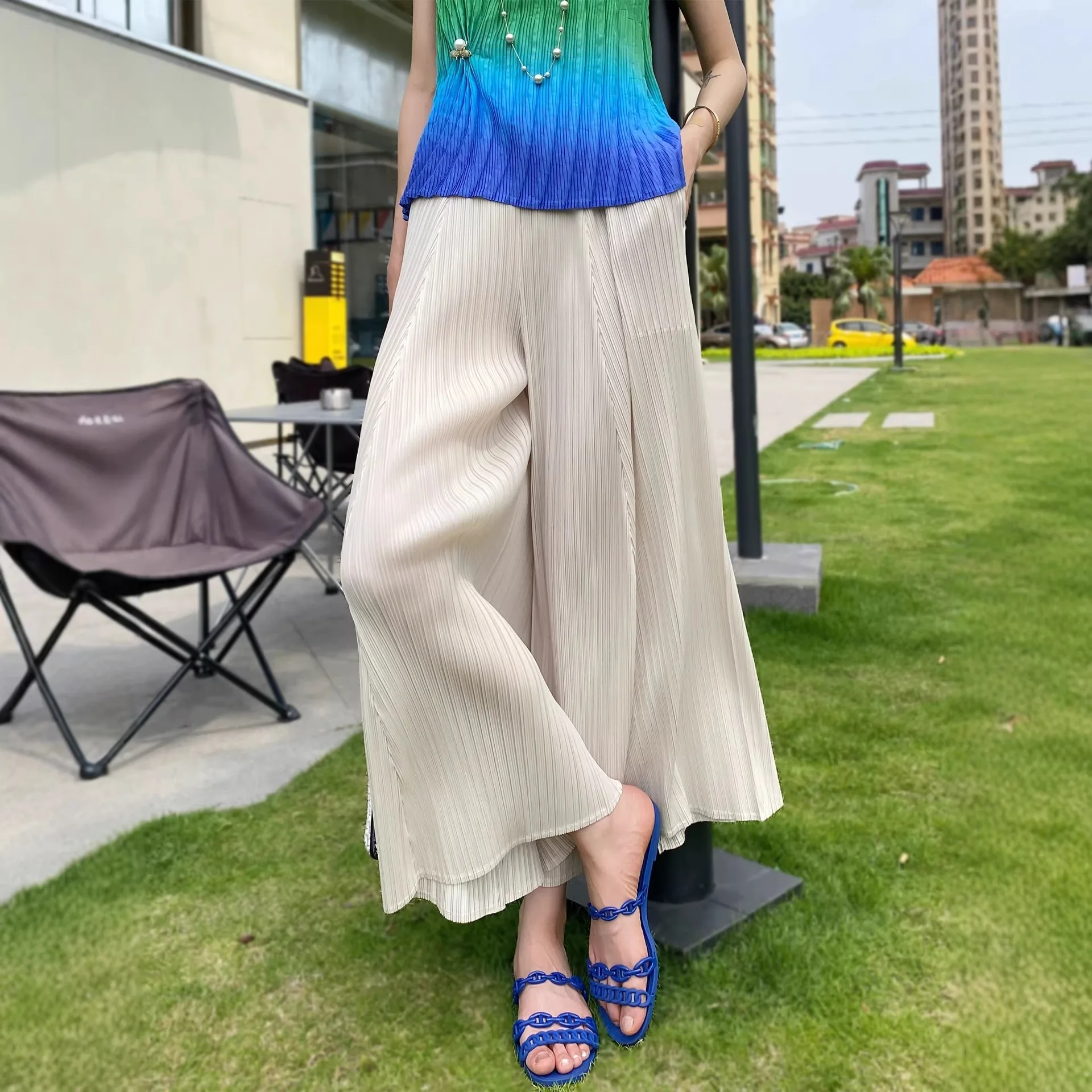 Miyake Design Pleated Pants Women's Summer Thin Wide-Leg Pants Drape Elastic Waist Casual Versatile Swing Pants