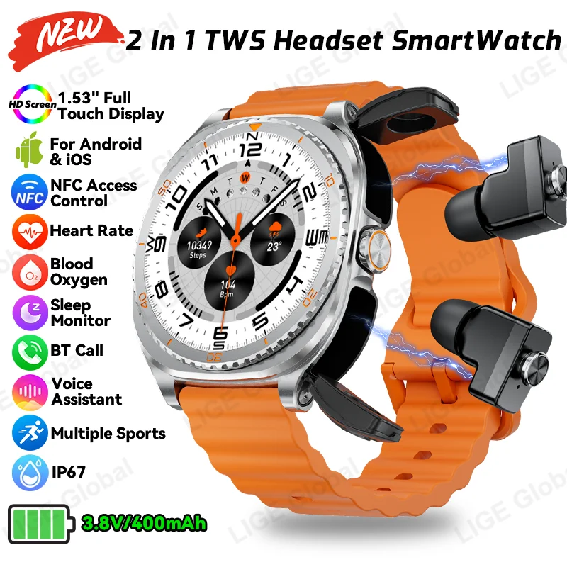 

Новые умные часы LIGE 2 в 1 с наушниками TWS, Bluetooth-гарнитурой, NFC, монитором сердечного ритма и уровня кислорода в крови, спортивные фитнес-часы