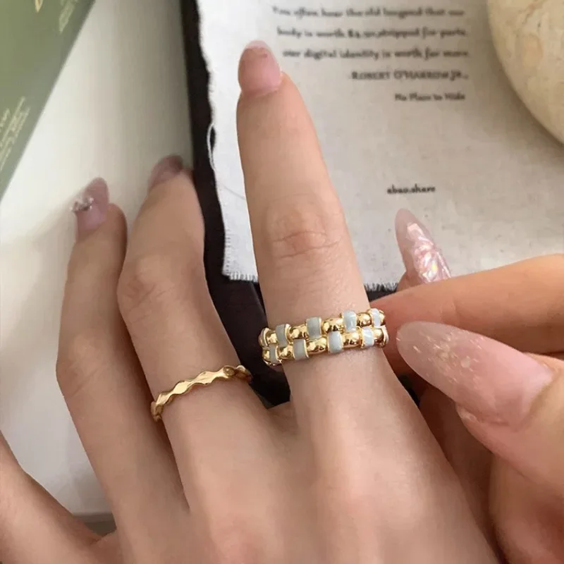 

925 Sterling Silver Dropwise Glaze Gold Color Rings for Weave Texture Design Classical Adjustable Fashion Jewelry Dropshipping