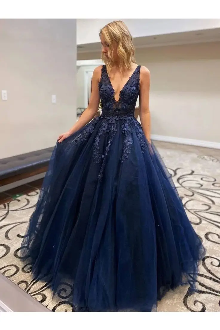 

Navy Blue Evening Dresses Long Floor Length V Neck Sleeveless Floral Lace Applique Formal Party Women Prom Gowns Custom made