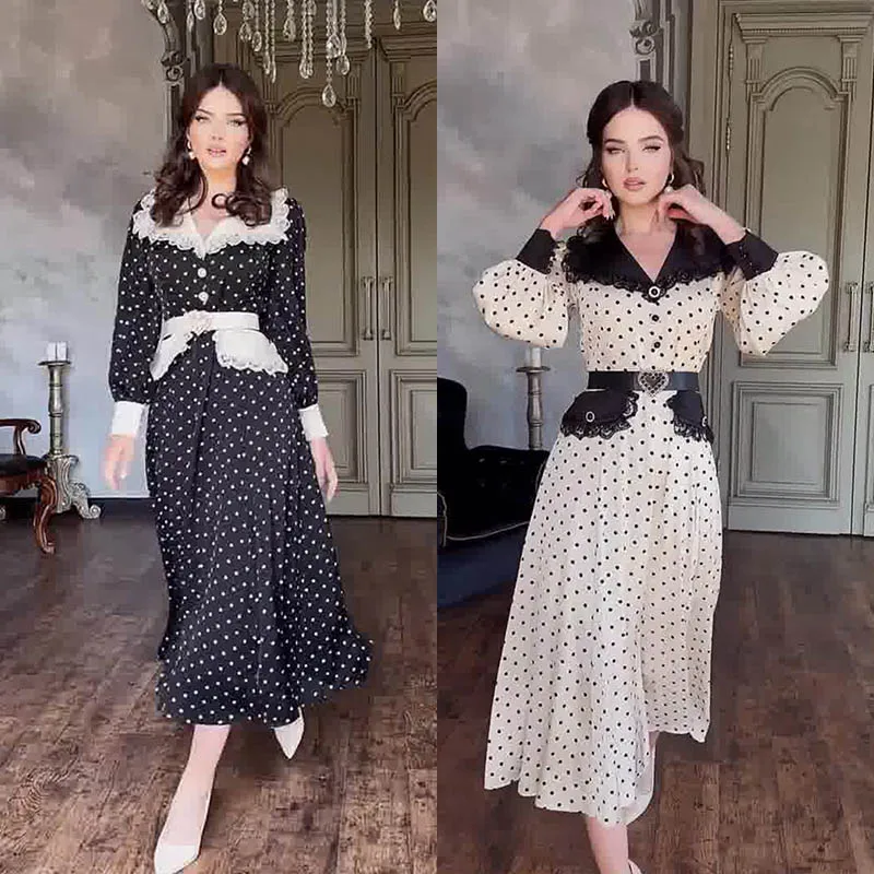 Fashion Slim Print Women'S Dress Elegant Doll Collar Long Sleeve Office Midi Dresses Casual High Waist Female Dress