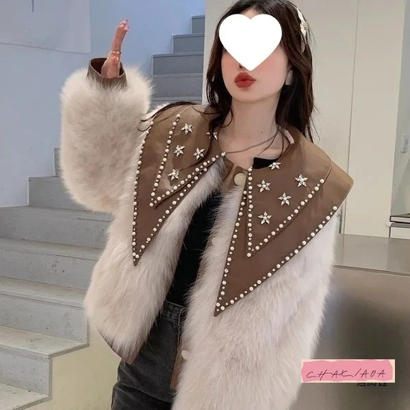 Fashion Imitation Fox Fur Heavy Industry Nail Drill Jacket Warm Fur Integrated Doll Collar Top Women Autumn and Winter Women