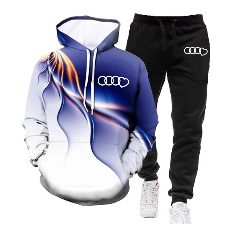 2024 New Fashion Mens Tracksuit Casual Hoodies+Sweatpants 2 Piece Set Autumn Hoodie 3D Printed Lightning Pocket Sweatshirt Suit