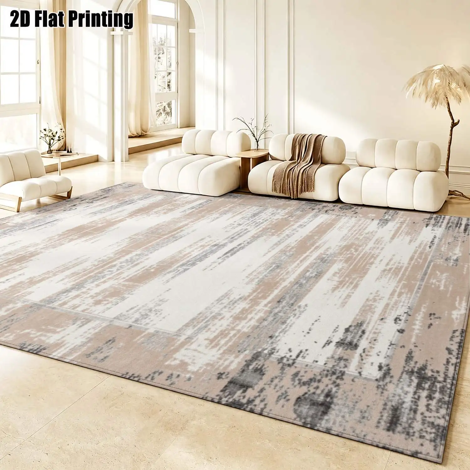 1Pc 2D Printed Carpet: Light Brown & White Abstract Art, Nordic/Instagram-Style, Modern Minimalist, European Geometric Striped, Machine Washable, Multi-Size, Home Decor for Entryway, Dining Room, Foyer, Bedroom, Living Room