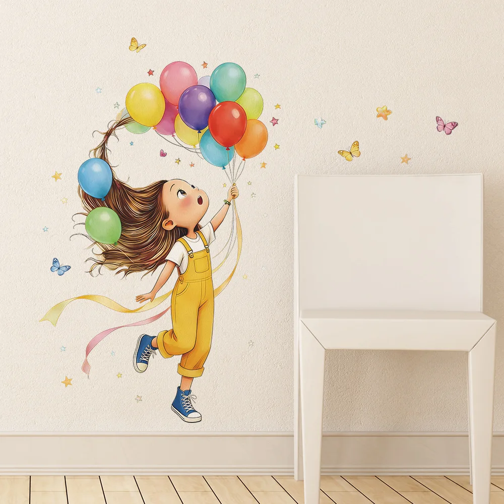 Cartoon Little Girl Balloon Butterfly Wall Sticker Bedroom Study Door Home Decoration Self-adhesive Waterproof Removable Decals