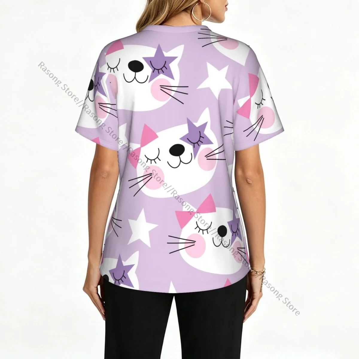 Cute White Cat Face Scrubs Medical Uniforms Women V Neck Short Sleeve Tunic Scrubs Tops Nursing Surgical Uniforms