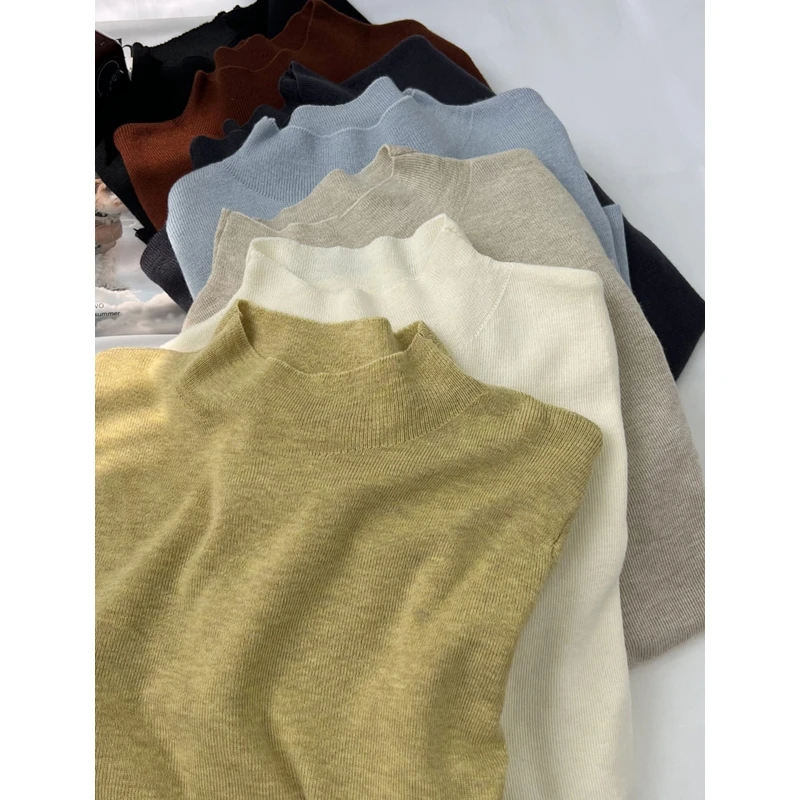 

Soft Wool Blend f High Ne Knitted Base irt Women's Autumn Winter Thin Sweater Gentle Color Inner Wear Ele Top