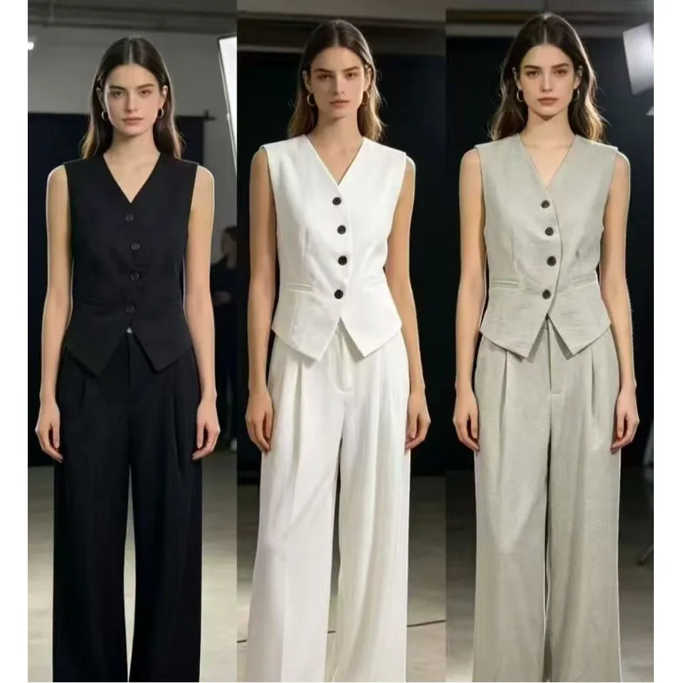 Chic Summer Simple Vest High Waist Drawstring Back Wide Leg Pants Slimming Effect Two-Piece Set Elegant Fashionable Women's E...