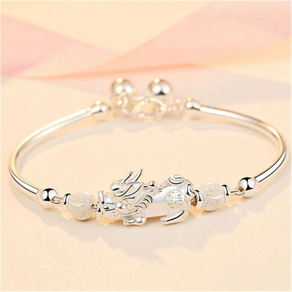 OUYADI Women 925 Sterling Silver Pi Xiu Chain Bracelet Custom Engraved Frosted Bead Dangle Bell Charm Fashion Bracelet Gift
