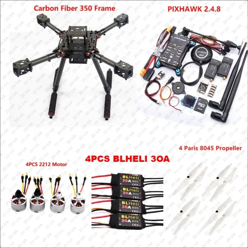 PIXHAWK2.4.8 Flight Control Carbon Fiber 350 Frame Kit Ardupilot 100MW Radio Telemetry Quadcopter BLHELI 30A 2212 Motor ESC