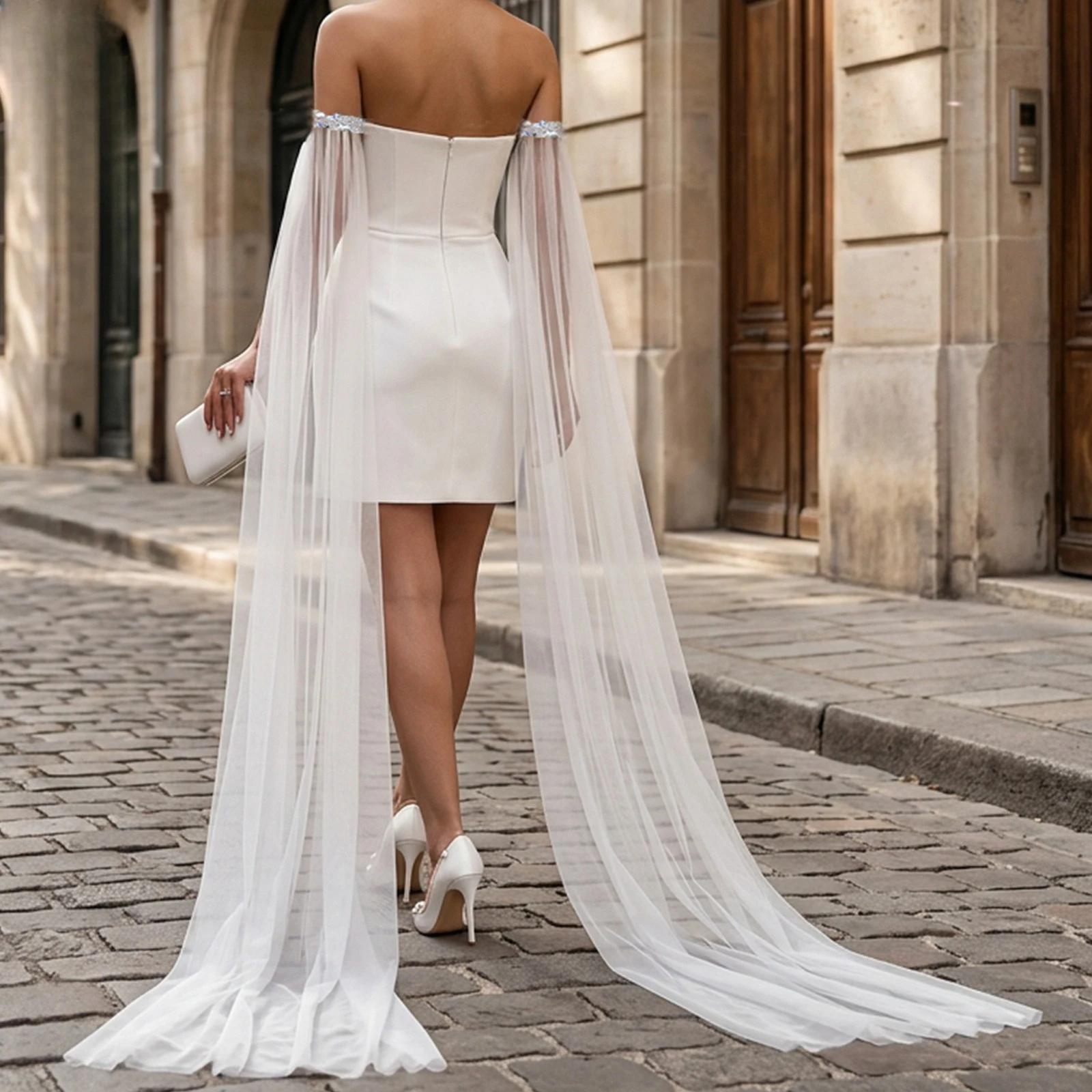 MM04 Sequin Tulle Long Tail Bridal Sleeves Arm Covers Wedding Veil Accessory for Bride