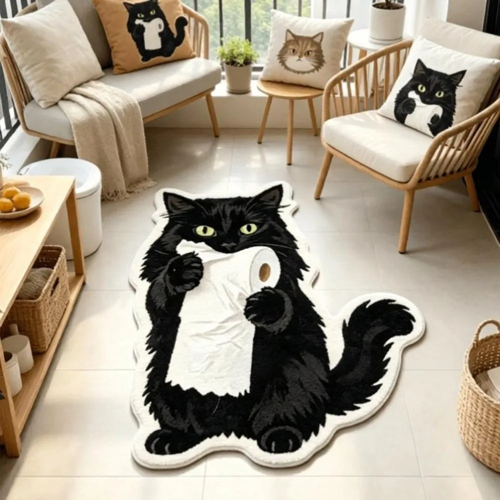 Cute Crystal Velvet Cat-Shaped Area Rug 2D Soft Bathroom Carpet Non-Slip Washable Entryway Floor Mat Home Decor