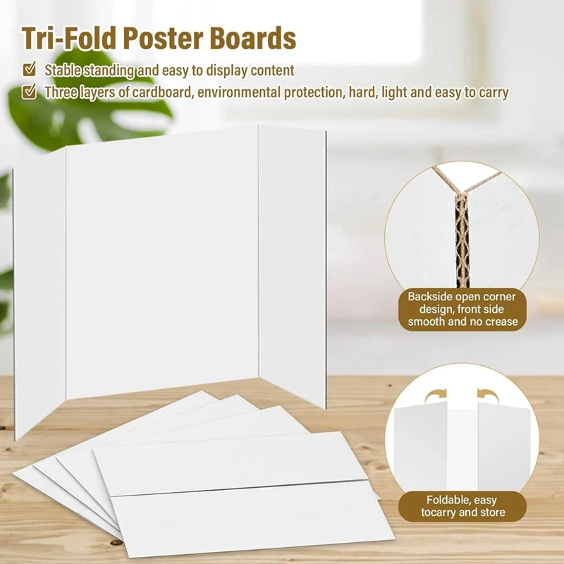 Pequeno Trifold Poster Board Branco, Vem com acessórios pegajosos, Apresentação ondulada, 21.5X14 polegadas, 4 pcs